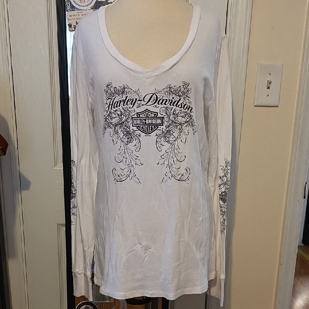 Harley-Davidson Women's White Long Sleeve Tee with Black Graphics